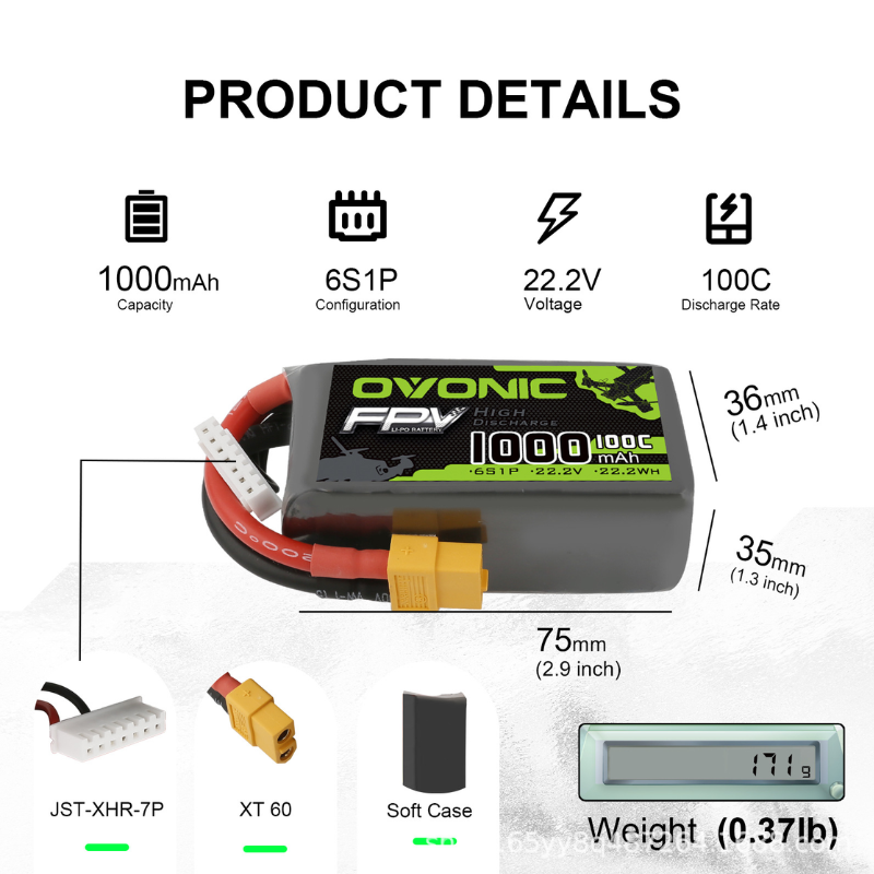 2Pcs OVONIC 1000mAh 100C 22.2V - Drone Battery 6S のレビューと価格